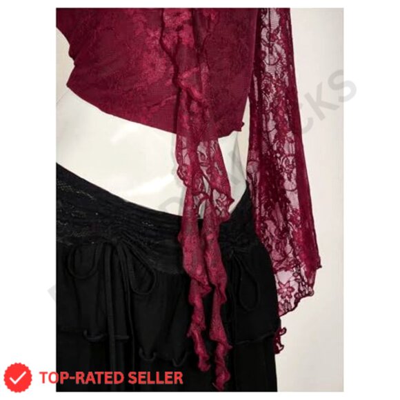 Lace Bell Sleeve Ruffle Backless Boho Crop Top Y2K Chic Tee Shirt - Picture 2 of 6